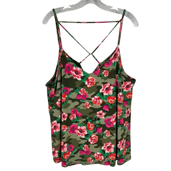 VENUS Tops - Venus Women's Green Camo Floral Top 1X  Criss Cross Strap Detail‎